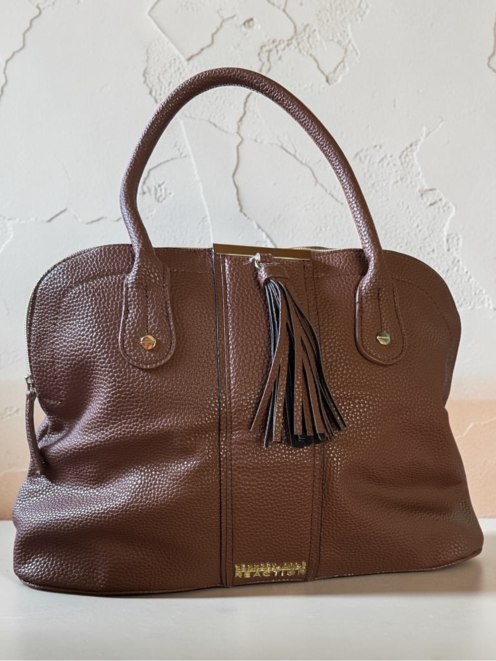 Kenneth Cole Reaction Chocolate Brown Pebbled Leather Satchel with Tassel Accent